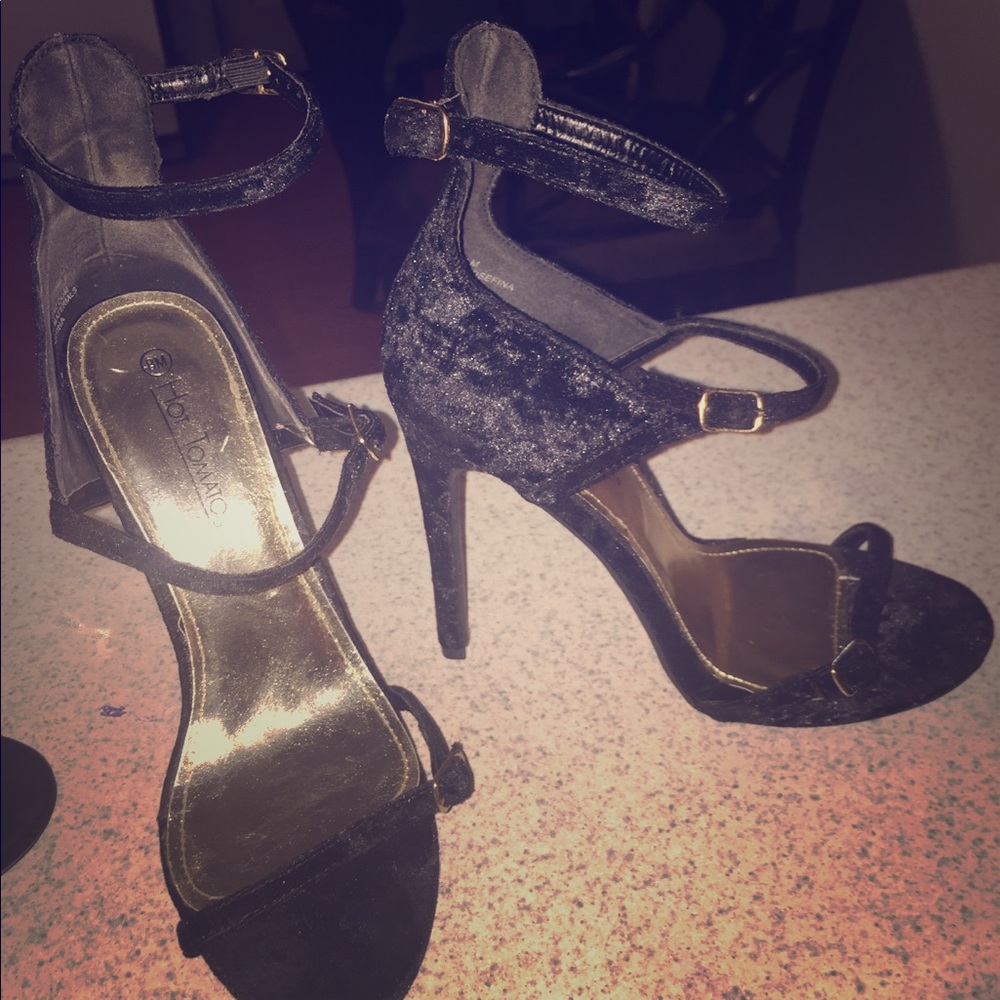 Black suede 3 strap heels